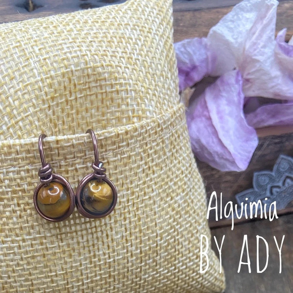 Rustic animal print tigers Eye wire wrap brass dangle  earrings - Picture 1 of 4